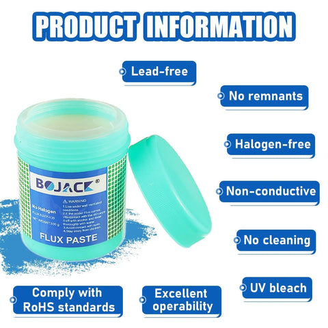 No Clean Solder Paste Flux For Dope Eco Friendly Electronics Soldering Pro Grade For CPU Disassembly And Assembly BGA And SMD PCB Repair Lead Free Acid Free Low Odor Safe And Non Toxic Environmentally Friendly 5.15oz 146g with open lid showing product details.