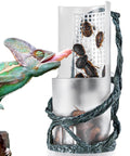 OIIBO Chameleon Feeding Bowl with resin vine design, chameleon reaching for insects inside grid plate.
