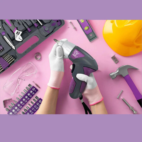 Hands using 44 Piece 4V Cordless Screwdriver Tool Kit Set in Pink for Women, Includes Storage Case, Home Repair Essentials, DIY Tools