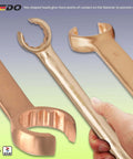 Close-up of No-Spark Flare Nut Wrench 6x7mm Brake Line Wrench Metric, 95mm Length, Beryllium Copper, Non-Magnetic, 15 Degree Offset Head.