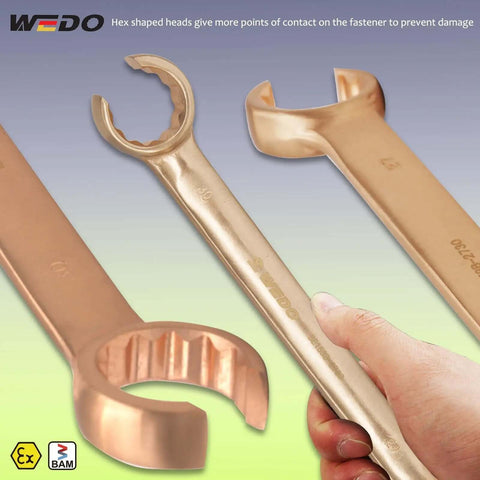 Close-up of No-Spark Flare Nut Wrench 6x7mm Brake Line Wrench Metric, 95mm Length, Beryllium Copper, Non-Magnetic, 15 Degree Offset Head.