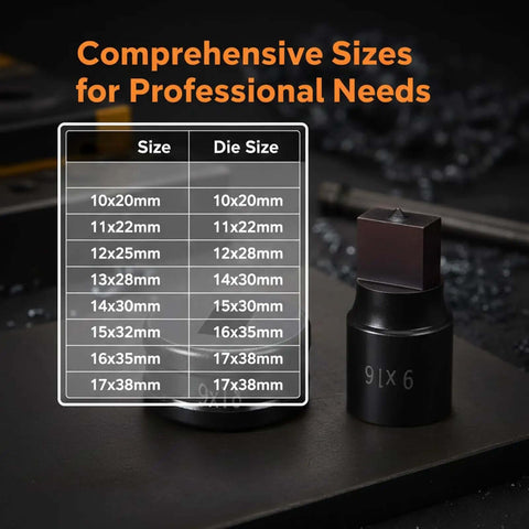 8-Piece Rectangle Hydraulic Hole Punch Die Set For CH-70 Punch Tool size chart with chrome steel dies and dimensions.