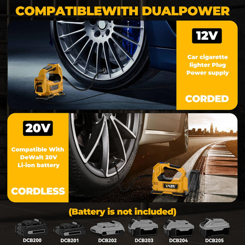 Cordless Tire Inflator Air Compressor With 160 PSI showing dual power options, cordless with 20V battery and corded with 12V plug.