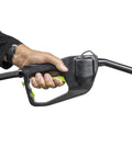 Close-up of a hand holding the spout pump of the Duramax 14 Gallon Wheeled Diesel Fuel Transfer Tank With Spout Pump Yellow Portable Rolling Container