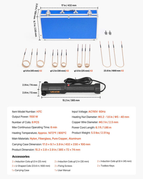 Heavy Duty 1100W Induction Heater Handheld Nut Buster with eight coils and carrying case for rusted bolts and nuts.