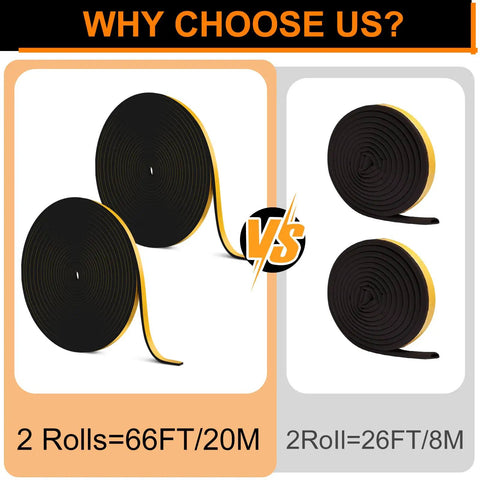 Comparison of 66FT Neoprene Draft Blocker Tape rolls with yellow adhesive versus smaller options for effective sealing.