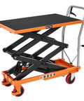 Heavy-Duty Hydraulic Lift Table Cart With Reliable Pump And Easy Operation Max Capacity 770 Lbs, Orange with black surface, mobile design.