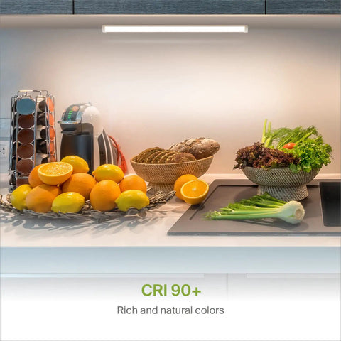 Under Cabinet LED Lighting 24 Inch 12W 822 Lumen Dimmable Hardwired Kitchen Light Fixture illuminating a modern kitchen counter