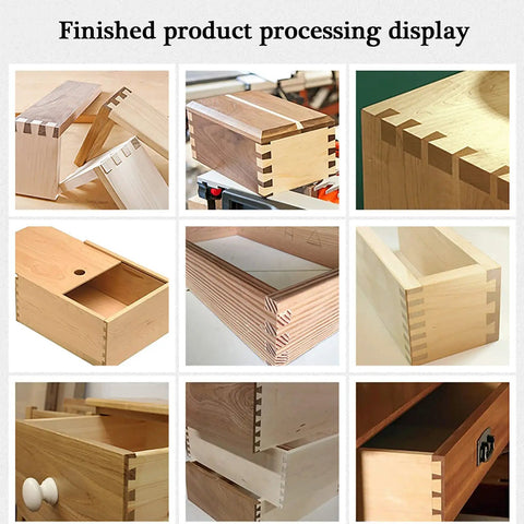 Heavy Duty 12 Inch Dovetail Jig And Mortising Guide For Slick Drawer And Cabinet Joinery Cuts, showcasing finished joinery projects in wood.