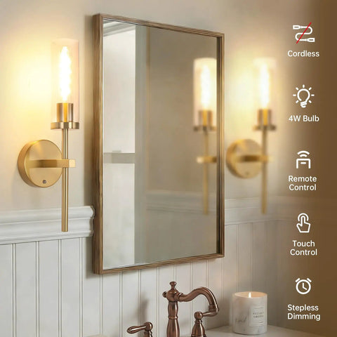 Set Of Two Rechargeable Battery Operated Wall Sconces Featuring Gold Glass Shades Zero Wiring Headaches For A Total Breeze Installation Plus Remote Dimming For Sweet Room Ambiance with a mirror reflection.