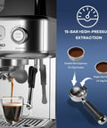 Premium Semi Automatic Espresso Machine With Built In Conical Burr Grinder 15 Bar Pump Pid Temp Control showing double shot extraction.