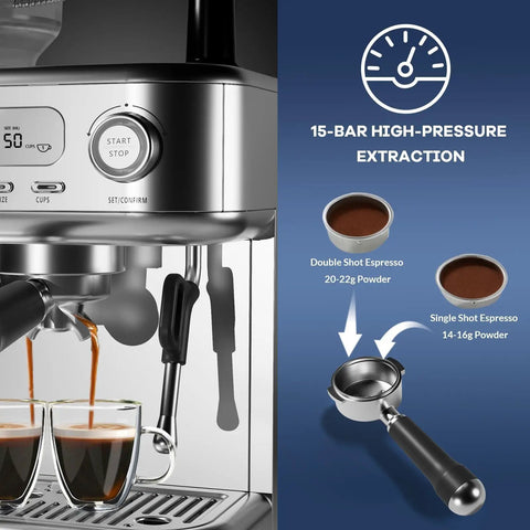 Premium Semi Automatic Espresso Machine With Built In Conical Burr Grinder 15 Bar Pump Pid Temp Control showing double shot extraction.