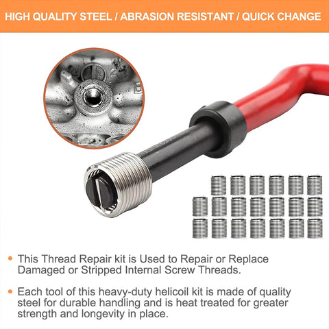 Helicoil Thread Repair Kit For M8 X 1.25 And SAE Threads with HSS drill bit and stainless steel inserts shown.