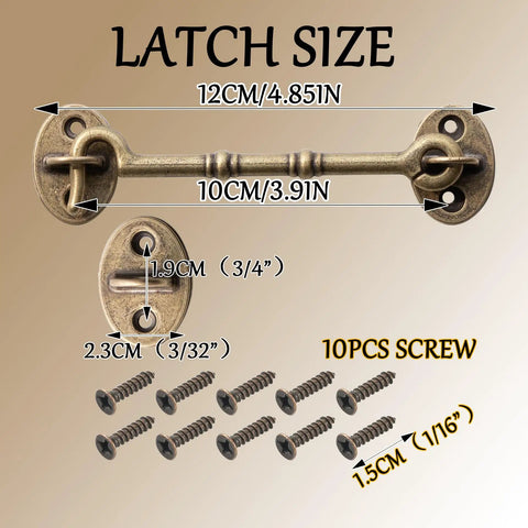Top Tier Premium Heavy Duty 2 Pack Straight Up Vintage Solid Brass Door Hooks And Eye Latch Hardware 4.85 Inch size reference with screws