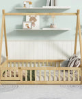 Tent Shaped Floor Bed With Guardrails And Slats For Privacy And Safe Sleep, Durable Rubber Wood And Plywood Frame With 7 Slats