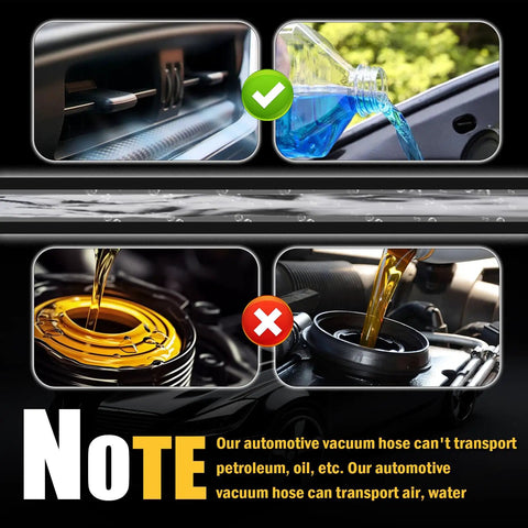 Six Piece Five Foot Silicone Vacuum Hose Kit With Sizes From One Eighth To Three Eighths Inch Includes Twenty Four Hose Clamps And Sixty Four Connectors note image showing liquids it cannot transport