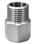 Two Pack 3/8 NPT Female To 1/2 NPT Male Hex Pipe Fitting Reducer Adapter Tough As Nails 304 Stainless Steel Build, showing detailed threading.