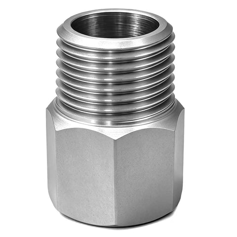 Two Pack 3/8 NPT Female To 1/2 NPT Male Hex Pipe Fitting Reducer Adapter Tough As Nails 304 Stainless Steel Build, showing detailed threading.