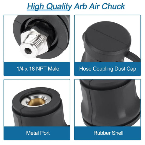 Badass 740112 Air Compressor Hose Adapter And Rock Solid Quick Connect Coupler With Snappy Dust Cap close-up view showing metal port and rubber shell.