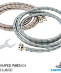 Braided Stainless Steel Washing Machine Hoses Four Feet 90 Degree Elbow Octagon Connections Universal Fit Two Pack Color Coded Hot Cold Burst Proof Up To 1500 PSI With Bonus Wrench No Sweat Install