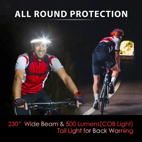 Cyclists wearing a Rechargeable Led Headlamp With 230 Degree Wide Beam And Four Light Modes for night riding in a dark tunnel.