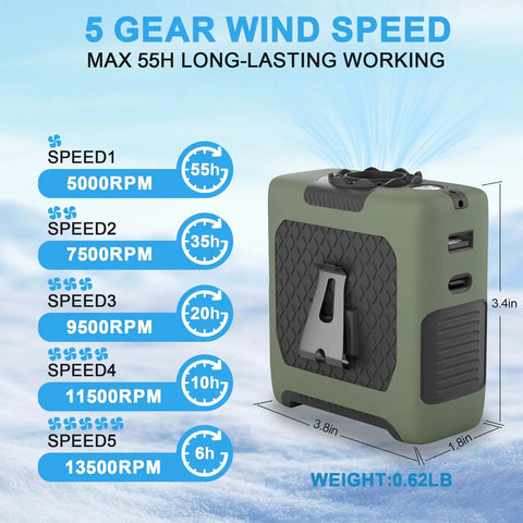 Rechargeable Portable Waist Fan 10000mAh with Five Speed Personal Clip On Belt Neck Fan for Hands Free Cooling, green size dimensions