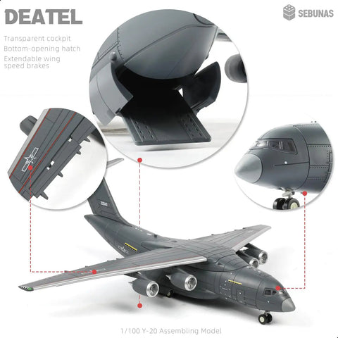 One To One Hundred Scale Y 20 Transport Aircraft Quick Assembly Model Kit Plastic Airplane With Stand No Glue Needed Easy Snap Together Fun Toy For Kids Gift, showcasing model's cockpit, wings, and hatch details
