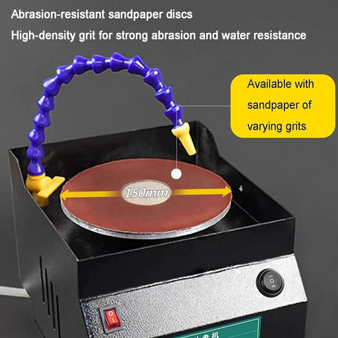 Heavy Duty Electric Wet And Dry Belt Sander With Seven Speeds Up To 3350 Rpm Multi-Angle Knife Sharpener Tool showing 150mm sanding disc and water nozzle.