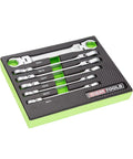 Must Have Six Piece Flex Head Flare Nut Wrench Set With 9mm 10mm 13mm 15mm 16mm 19mm Sizes Pro Grade Chrome Finish Rust Resistant EVA Storage Tray Built For Brake Lines And Hydraulic Fittings A Solid Gift For Auto Techs in a green EVA tray