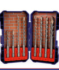 Front view: WORKPRO 8-piece SDS-Plus drill bit set with carbide tips in blue case for brick, cement, stone, concrete.