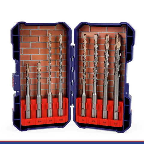 Front view: WORKPRO 8-piece SDS-Plus drill bit set with carbide tips in blue case for brick, cement, stone, concrete.