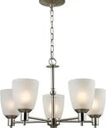 Jackson 5 Light Chandelier In Brushed Nickel Finish With White Glass Shades Dope Transitional Ceiling Fixture Hardwired 22 Inch Wide 22 Inch Deep 13 Inch High in a room setting.