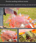 Close-up of Hand Push Garden Roller Seeder Dispenser Spreader with seeds, for precise placement on home gardens.