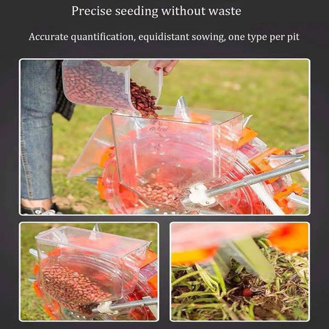 Handheld Seed Spreader Seeder For Garden, Easy Push Roller Seeder showing precise seed placement in soil with adjustable spacing