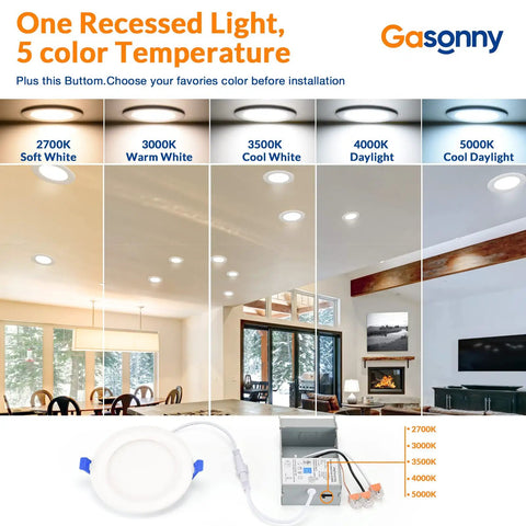 Six Pack 4 Inch Ultra Thin LED Recessed Ceiling Lights with 2700K to 5000K CCT options shown in room settings