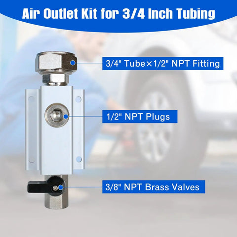 Two Pack Three Quarter Inch Compressed Air Outlet Kit With One Half Inch NPT Ports Aluminum Manifold Includes Straight Fittings And Brass Valves Perfect For Three Quarter Inch Air Piping Systems showing fittings and valves.