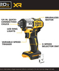 Close-up of Cordless 20V Max Brushless Impact Driver with quick-connect chuck, LED lights, and variable speed trigger.