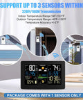 Wireless Outdoor Rain Gauge And Home Weather Station With Indoor Outdoor Display Thermometer Barometer Hygrometer Atomic Clock Forecast Alerts And A Self Emptying Rain Gauge For Accurate Rain Tracking showing sensor compatibility and transmission range.