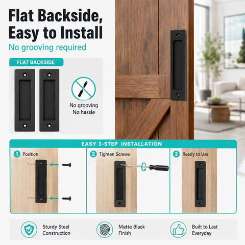 2 Pack Matte Black Flush Door Handle Set For Sliding Barn Doors Closets And Pocket Doors Heavy Duty Steel Recessed Pull With Screws Finger Pull Hardware For No Sweat Easy Access installed on barn door, flat backside, no grooving