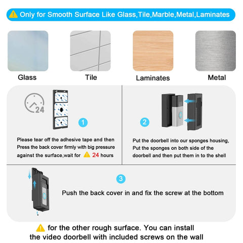 Adhesive Mount For Video Doorbell No Drill Installation, 360 Degree Full Coverage Protection, installation steps guide
