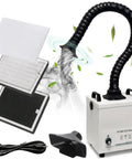 Powerful Solder Fume Extractor With Beast Mode Suction Captures Ninety Nine Point Nine Seven Percent Particles Using H Thirteen Hepa Three Stage System At Two Hundred Thirty Five Cubic Meters Per Hour Includes Seven Piece Filter Kit For Soldering And with flexible hose and filters.
