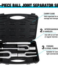 Front view: 5-piece ball joint separator set in carry case; forged steel forks sized 1-1/8, 11/16, 15/16.