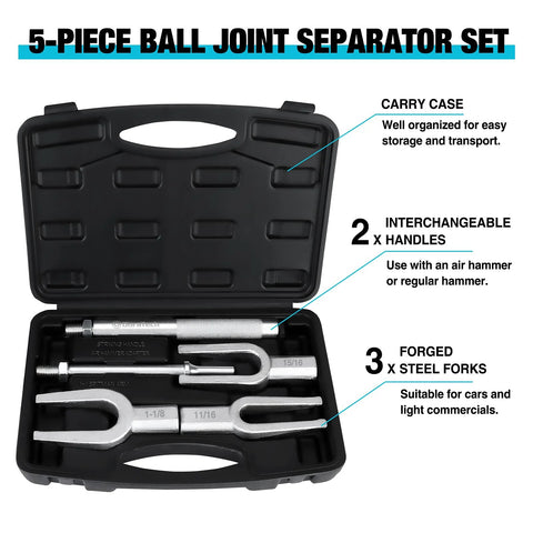 Front view: 5-piece ball joint separator set in carry case; forged steel forks sized 1-1/8, 11/16, 15/16.