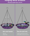 Outdoor 11 Inch Metal Hanging Bird Bath And Feeder with colorful purple and blue bowl, rustproof black chain, dragonfly decoration.