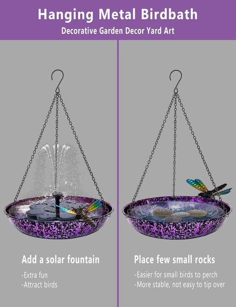 Outdoor 11 Inch Metal Hanging Bird Bath And Feeder with colorful purple and blue bowl, rustproof black chain, dragonfly decoration.
