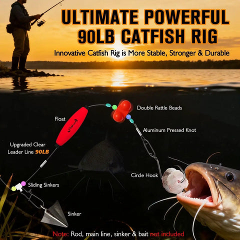 Image showing details of Take Down Catfish Rigs Set with float, double rattle beads, circle hook, and 90lb leader line in a fishing scene.