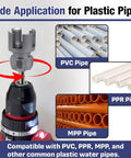 Must Have PVC Pipe Threader Tool Set With 65mm Hex Shank for Quick DIY Fixes, drill attachment and pipe compatibility displayed