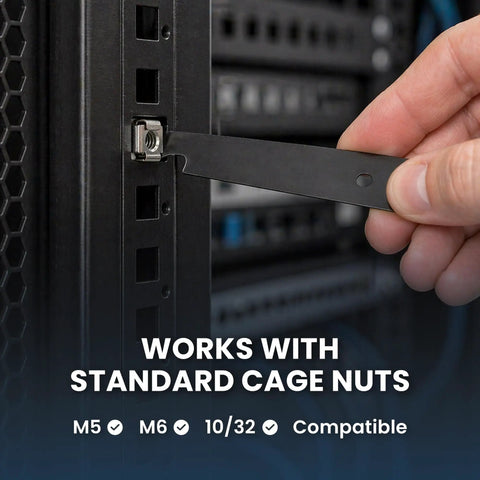 Smooth Sailing Cage Nut Tool For Square Hole Rack Rails No Sweat Quick Install Mounting Hardware Sx1100 installing cage nut into a rack.
