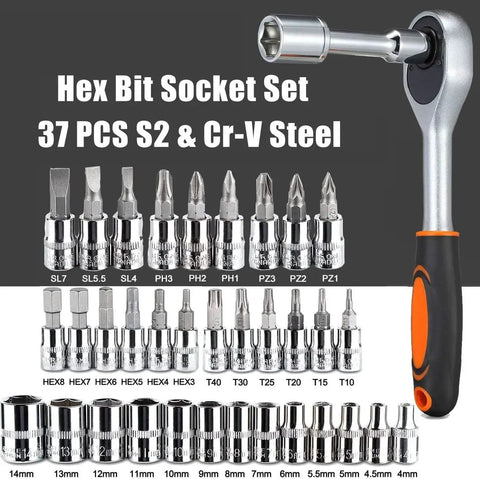 All In One 46 Pieces Quarter Inch Drive Ratchet Socket Set With Quick Release displayed with various metric sockets and ratchet.