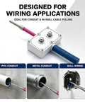 Heavy Duty Portable Wire Pulling Tool With Cord Adapter For Electricians, Compact E-Hand Cable Feeder in action with conduit.
